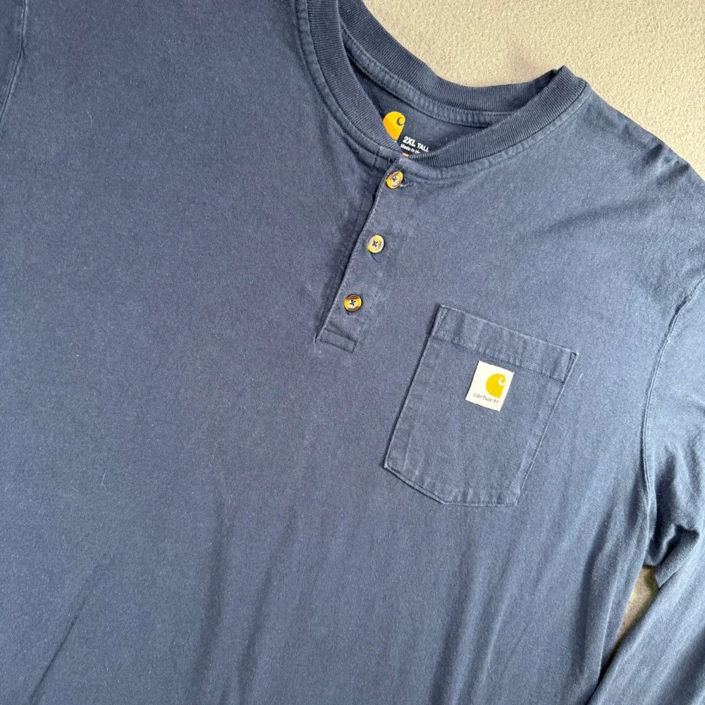 Carhartt Henley Shirt Men 2XL Tall Blue Long Sleeve K128 Pocket Workwear Tee